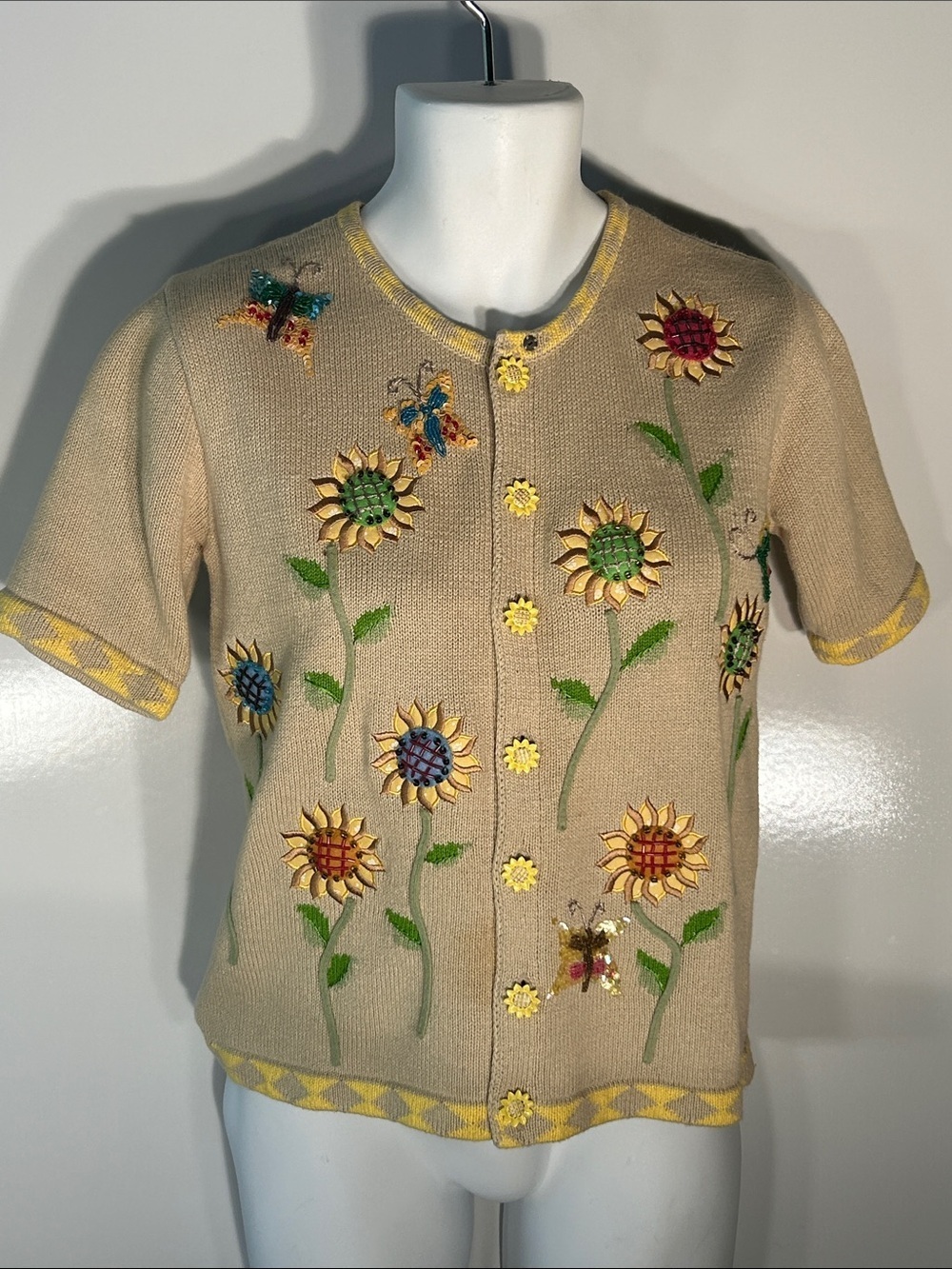 Storybook Knits SZ XS Vintage Embroidered Sunflower Cardigan Coquette Cottage